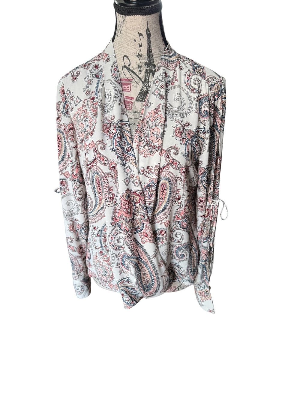 White House Black Market White Blouse with Pink & Blue Paisley Print